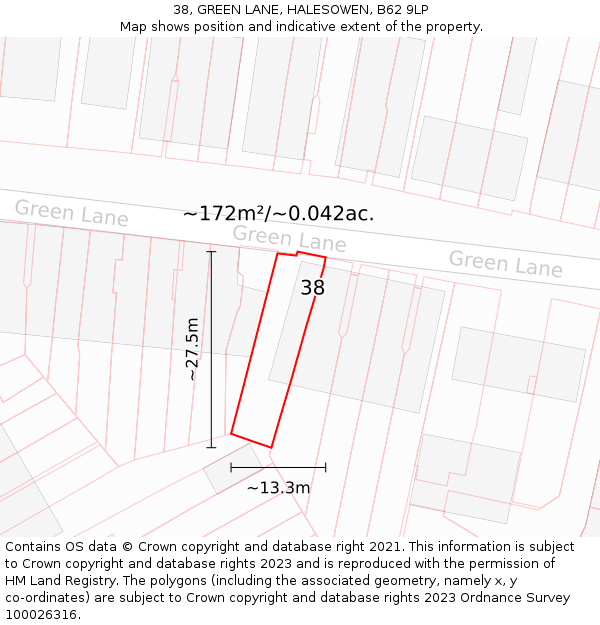 38, GREEN LANE, HALESOWEN, B62 9LP: Plot and title map