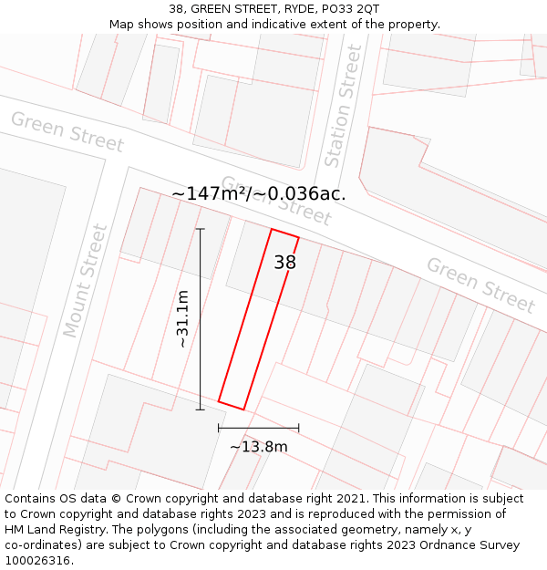 38, GREEN STREET, RYDE, PO33 2QT: Plot and title map