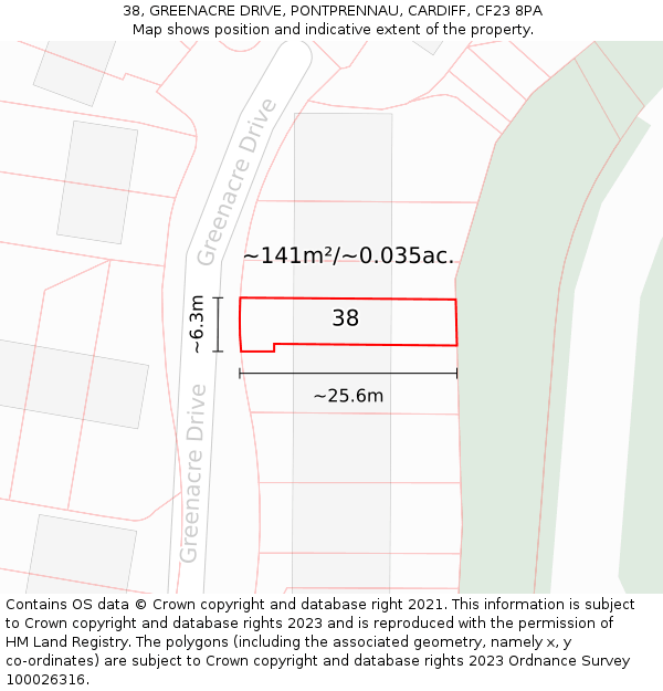 38, GREENACRE DRIVE, PONTPRENNAU, CARDIFF, CF23 8PA: Plot and title map