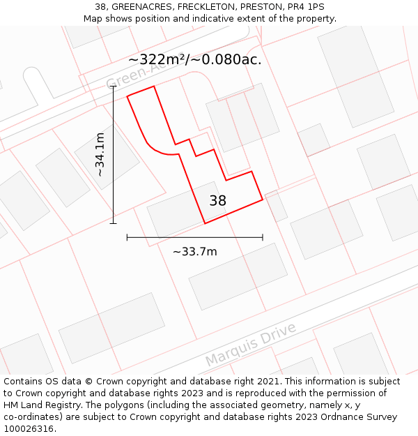 38, GREENACRES, FRECKLETON, PRESTON, PR4 1PS: Plot and title map