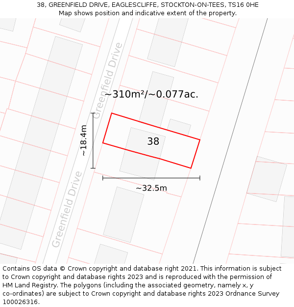 38, GREENFIELD DRIVE, EAGLESCLIFFE, STOCKTON-ON-TEES, TS16 0HE: Plot and title map
