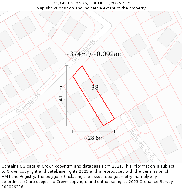 38, GREENLANDS, DRIFFIELD, YO25 5HY: Plot and title map
