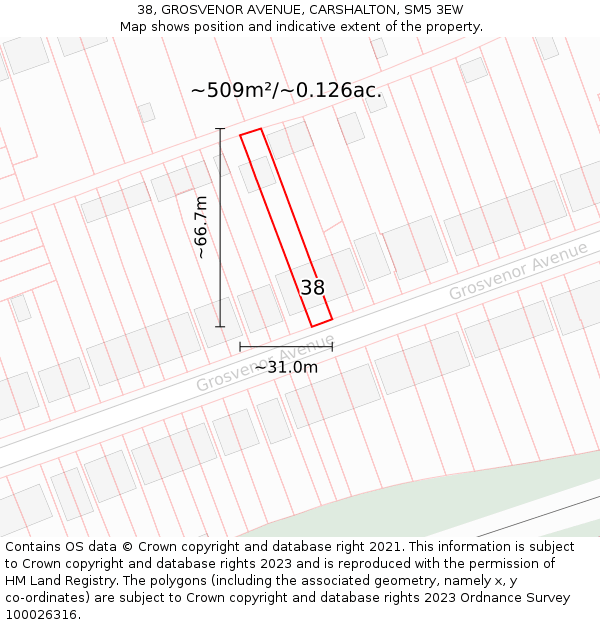 38, GROSVENOR AVENUE, CARSHALTON, SM5 3EW: Plot and title map