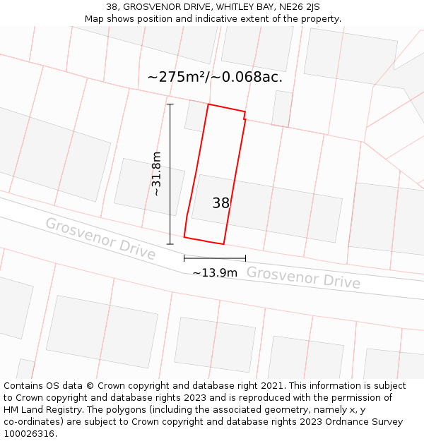 38, GROSVENOR DRIVE, WHITLEY BAY, NE26 2JS: Plot and title map