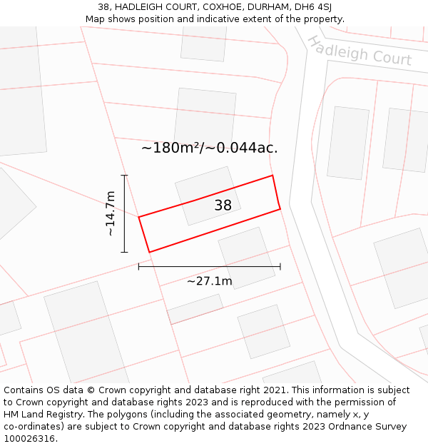 38, HADLEIGH COURT, COXHOE, DURHAM, DH6 4SJ: Plot and title map