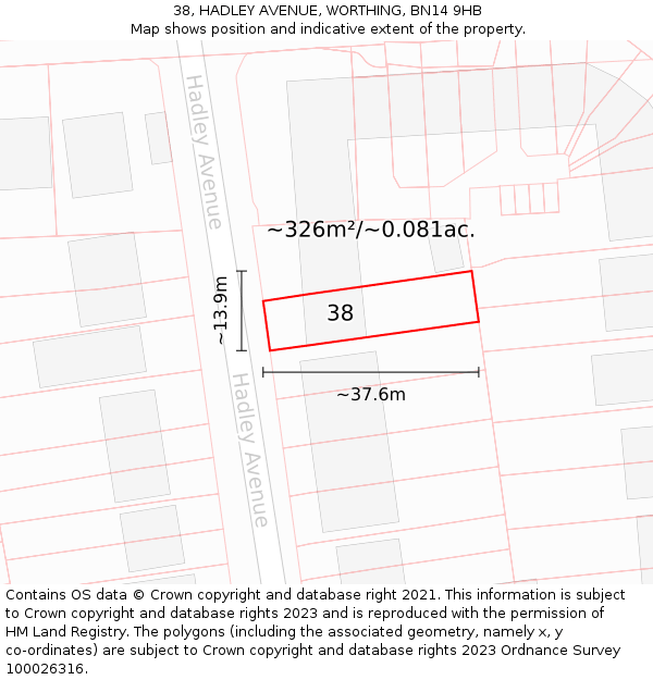 38, HADLEY AVENUE, WORTHING, BN14 9HB: Plot and title map