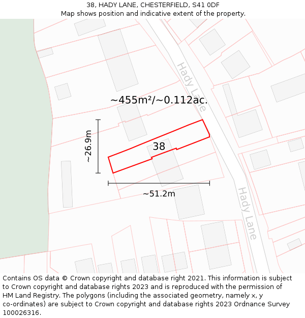 38, HADY LANE, CHESTERFIELD, S41 0DF: Plot and title map