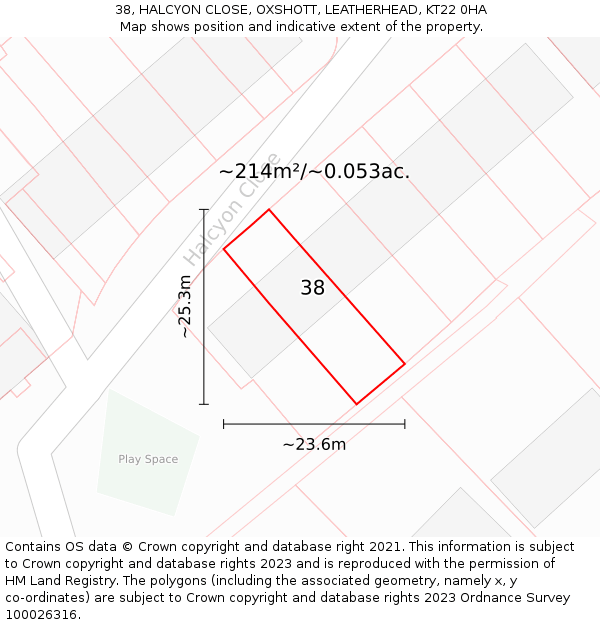 38, HALCYON CLOSE, OXSHOTT, LEATHERHEAD, KT22 0HA: Plot and title map