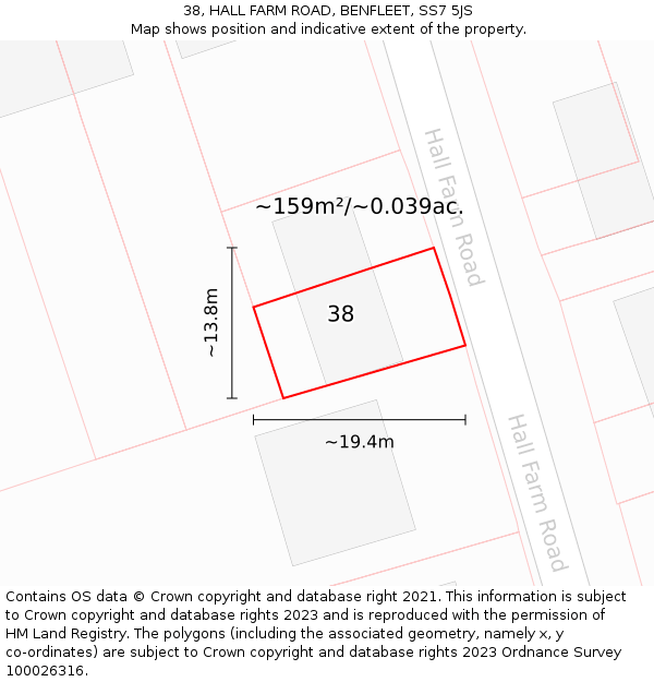 38, HALL FARM ROAD, BENFLEET, SS7 5JS: Plot and title map