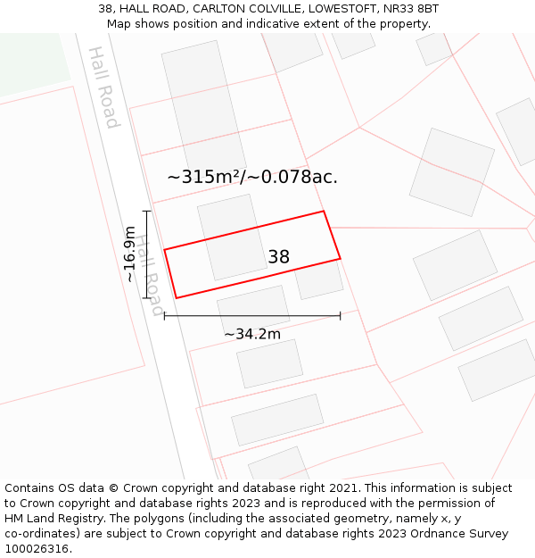 38, HALL ROAD, CARLTON COLVILLE, LOWESTOFT, NR33 8BT: Plot and title map