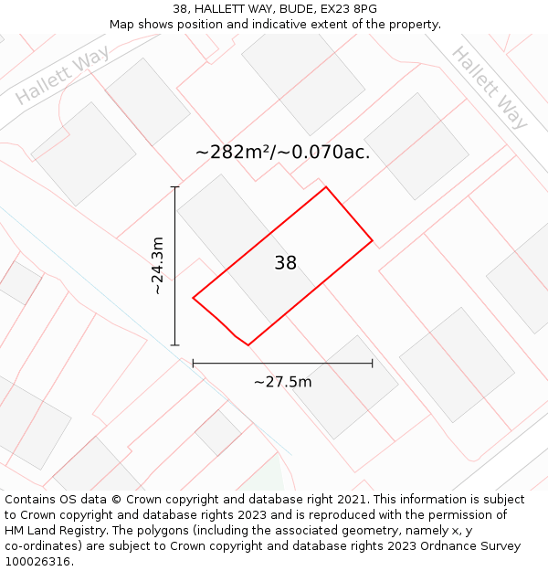 38, HALLETT WAY, BUDE, EX23 8PG: Plot and title map