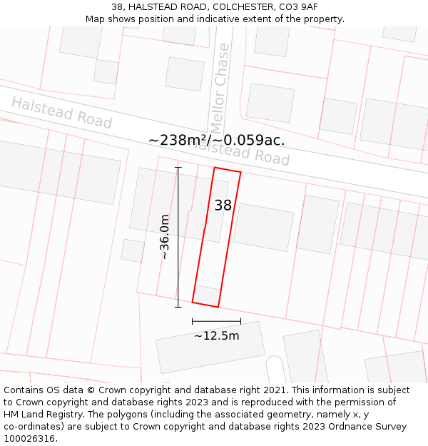38, HALSTEAD ROAD, COLCHESTER, CO3 9AF: Plot and title map