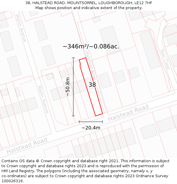 38, HALSTEAD ROAD, MOUNTSORREL, LOUGHBOROUGH, LE12 7HF: Plot and title map
