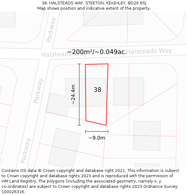 38, HALSTEADS WAY, STEETON, KEIGHLEY, BD20 6SJ: Plot and title map