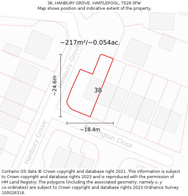 38, HANBURY GROVE, HARTLEPOOL, TS26 0FW: Plot and title map