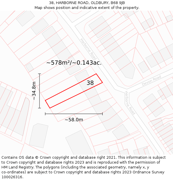 38, HARBORNE ROAD, OLDBURY, B68 9JB: Plot and title map
