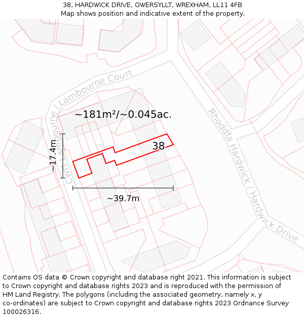 38, HARDWICK DRIVE, GWERSYLLT, WREXHAM, LL11 4FB: Plot and title map