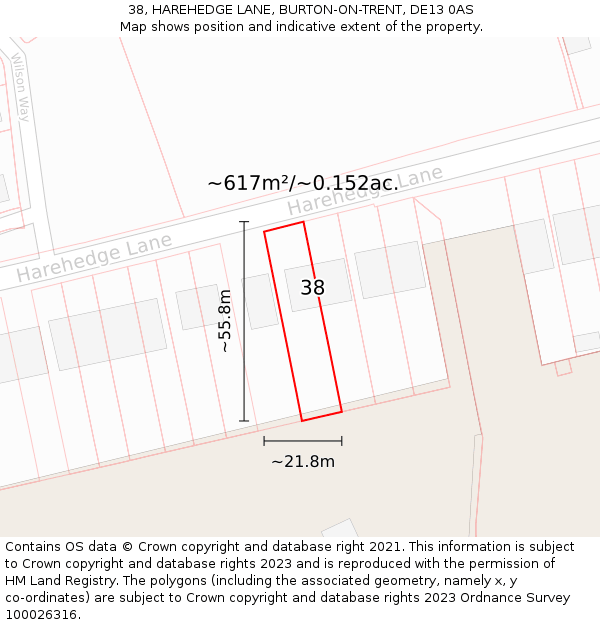 38, HAREHEDGE LANE, BURTON-ON-TRENT, DE13 0AS: Plot and title map