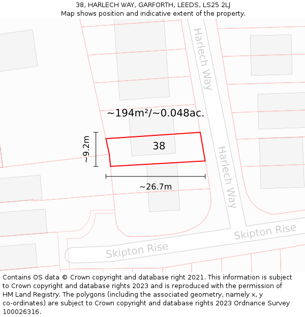 38, HARLECH WAY, GARFORTH, LEEDS, LS25 2LJ: Plot and title map