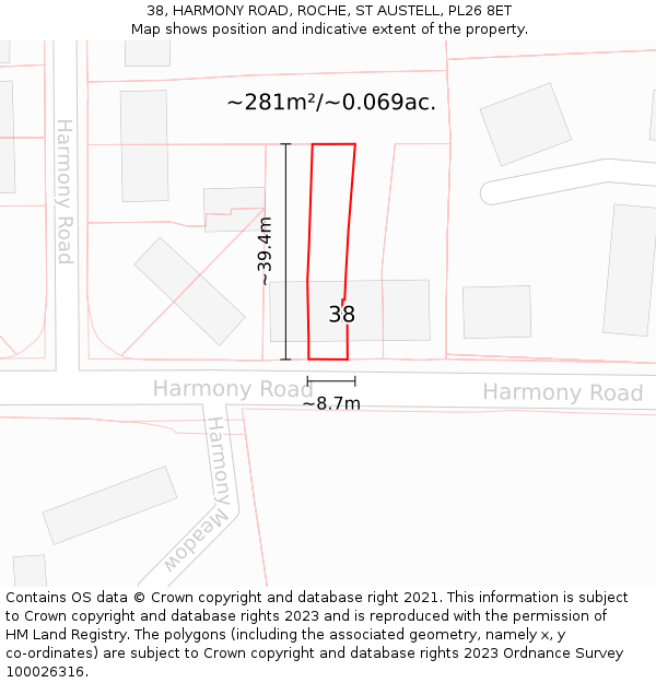 38, HARMONY ROAD, ROCHE, ST AUSTELL, PL26 8ET: Plot and title map