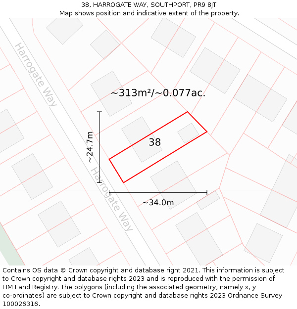 38, HARROGATE WAY, SOUTHPORT, PR9 8JT: Plot and title map