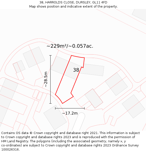 38, HARROLDS CLOSE, DURSLEY, GL11 4FD: Plot and title map