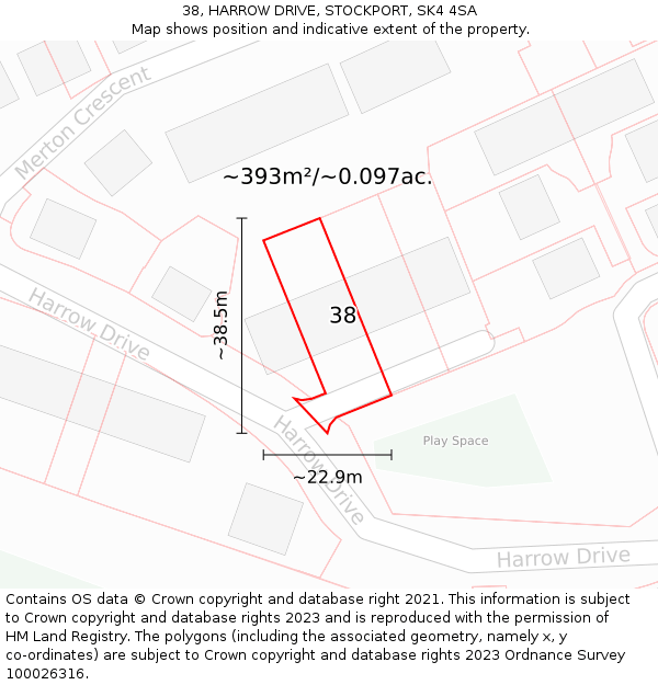 38, HARROW DRIVE, STOCKPORT, SK4 4SA: Plot and title map