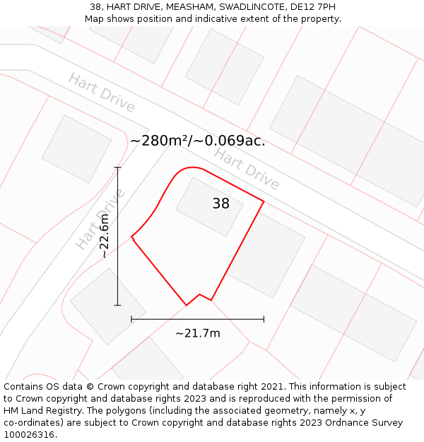 38, HART DRIVE, MEASHAM, SWADLINCOTE, DE12 7PH: Plot and title map