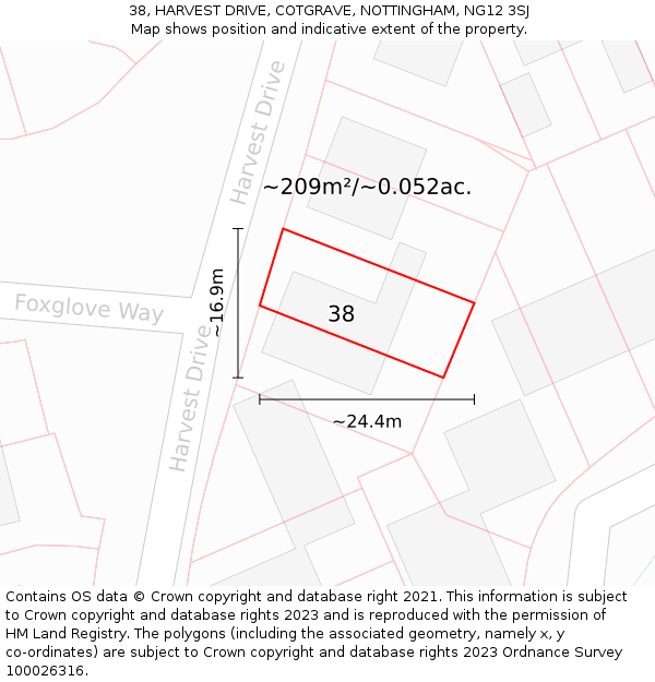 38, HARVEST DRIVE, COTGRAVE, NOTTINGHAM, NG12 3SJ: Plot and title map