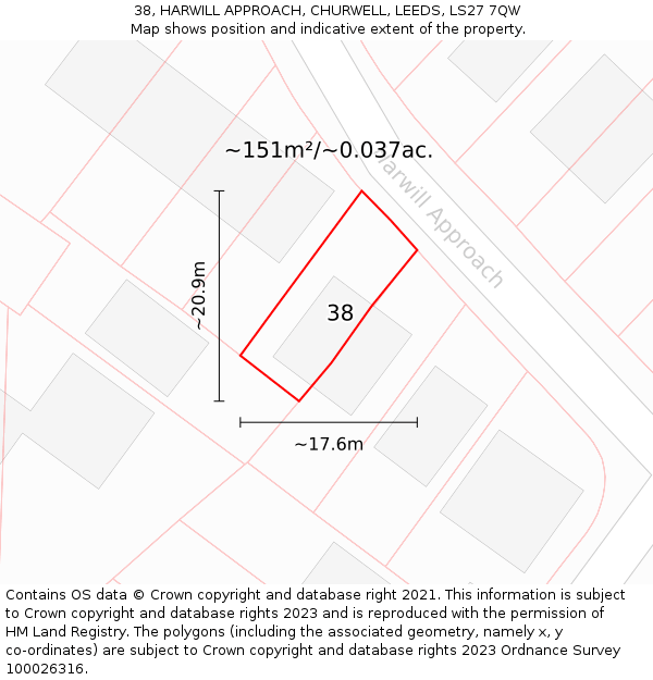 38, HARWILL APPROACH, CHURWELL, LEEDS, LS27 7QW: Plot and title map