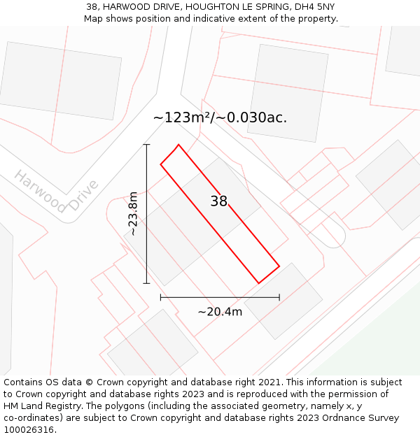 38, HARWOOD DRIVE, HOUGHTON LE SPRING, DH4 5NY: Plot and title map