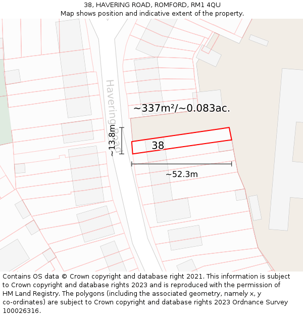 38, HAVERING ROAD, ROMFORD, RM1 4QU: Plot and title map