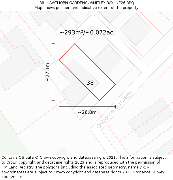 38, HAWTHORN GARDENS, WHITLEY BAY, NE26 3PQ: Plot and title map