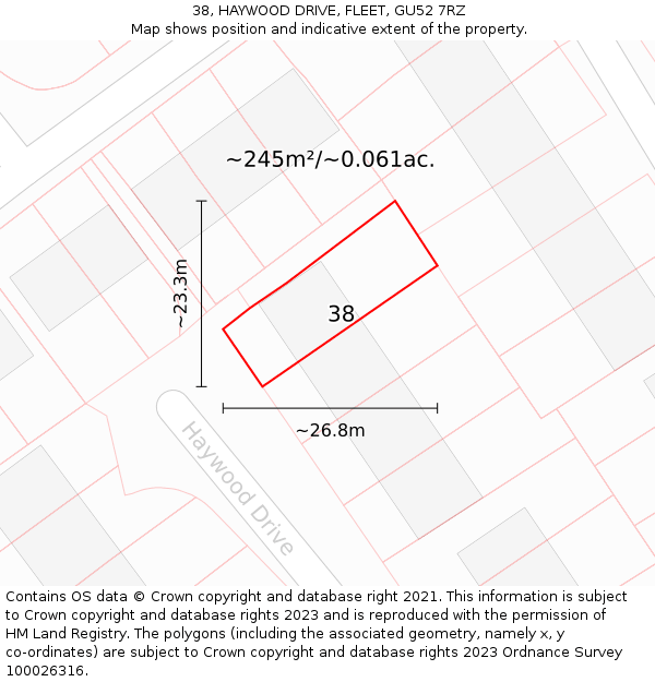 38, HAYWOOD DRIVE, FLEET, GU52 7RZ: Plot and title map