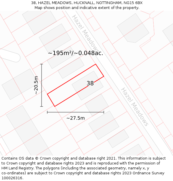 38, HAZEL MEADOWS, HUCKNALL, NOTTINGHAM, NG15 6BX: Plot and title map