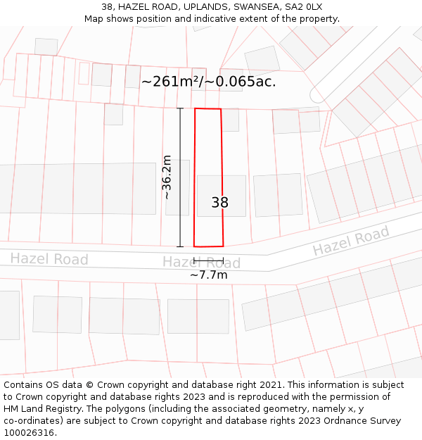 38, HAZEL ROAD, UPLANDS, SWANSEA, SA2 0LX: Plot and title map