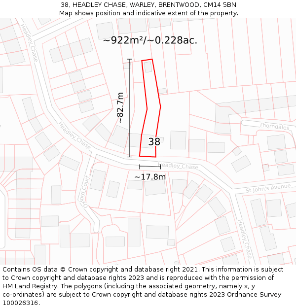 38, HEADLEY CHASE, WARLEY, BRENTWOOD, CM14 5BN: Plot and title map