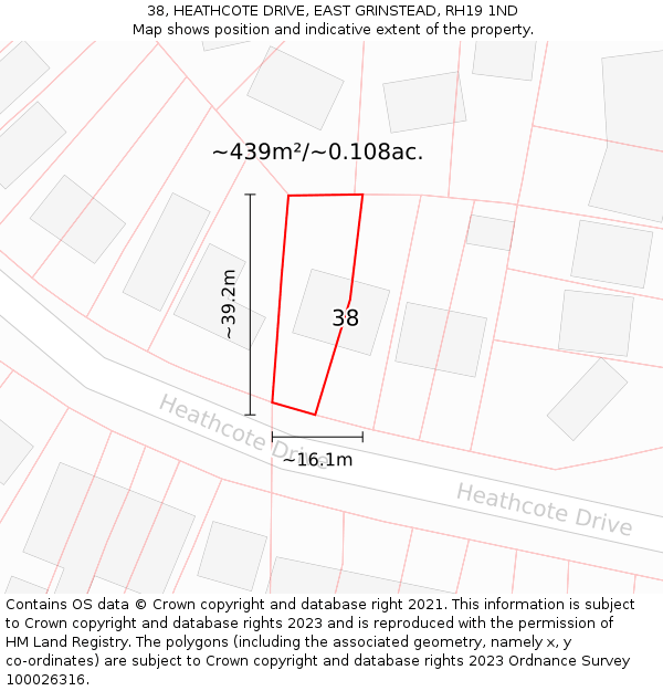 38, HEATHCOTE DRIVE, EAST GRINSTEAD, RH19 1ND: Plot and title map