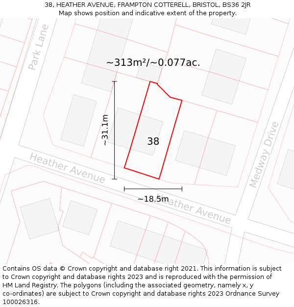 38, HEATHER AVENUE, FRAMPTON COTTERELL, BRISTOL, BS36 2JR: Plot and title map