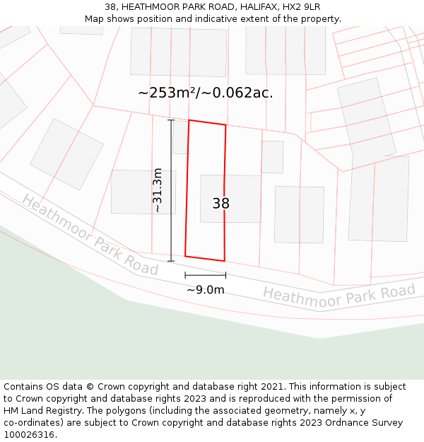 38, HEATHMOOR PARK ROAD, HALIFAX, HX2 9LR: Plot and title map