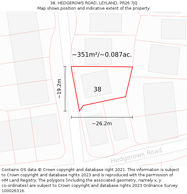 38, HEDGEROWS ROAD, LEYLAND, PR26 7JQ: Plot and title map
