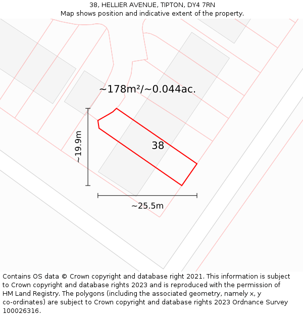 38, HELLIER AVENUE, TIPTON, DY4 7RN: Plot and title map