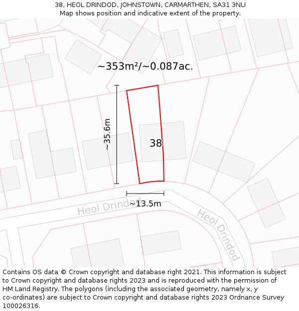 38, HEOL DRINDOD, JOHNSTOWN, CARMARTHEN, SA31 3NU: Plot and title map