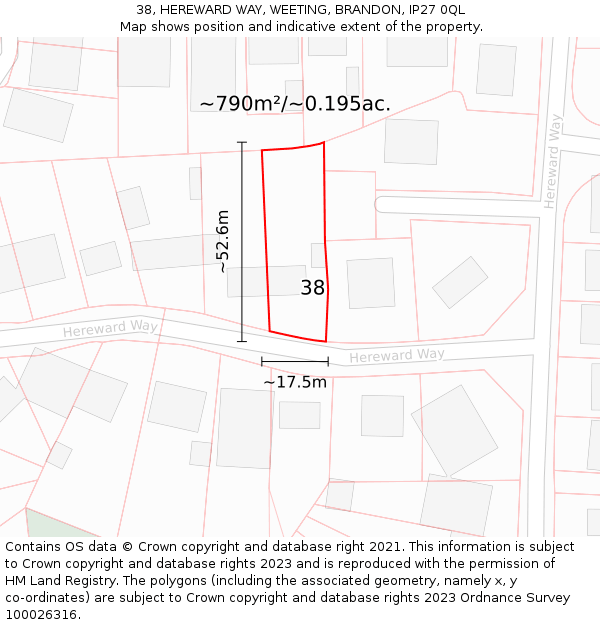 38, HEREWARD WAY, WEETING, BRANDON, IP27 0QL: Plot and title map