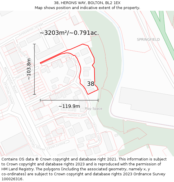 38, HERONS WAY, BOLTON, BL2 1EX: Plot and title map