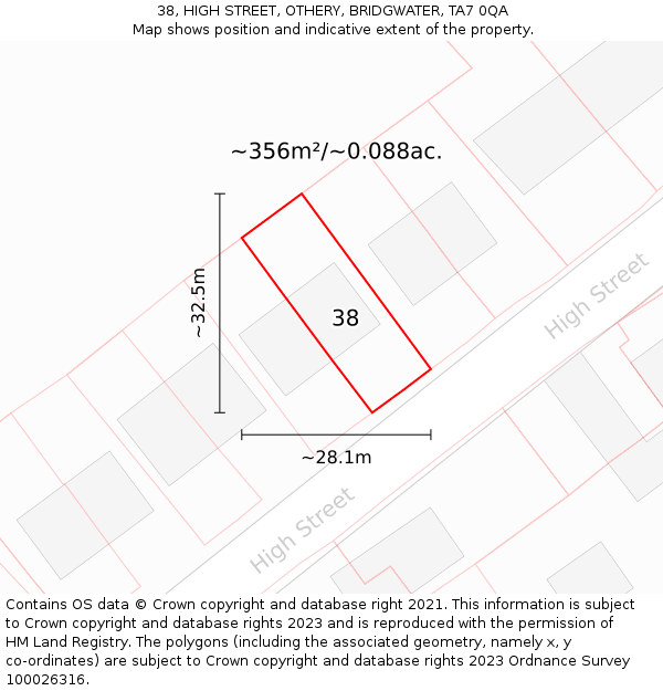 38, HIGH STREET, OTHERY, BRIDGWATER, TA7 0QA: Plot and title map
