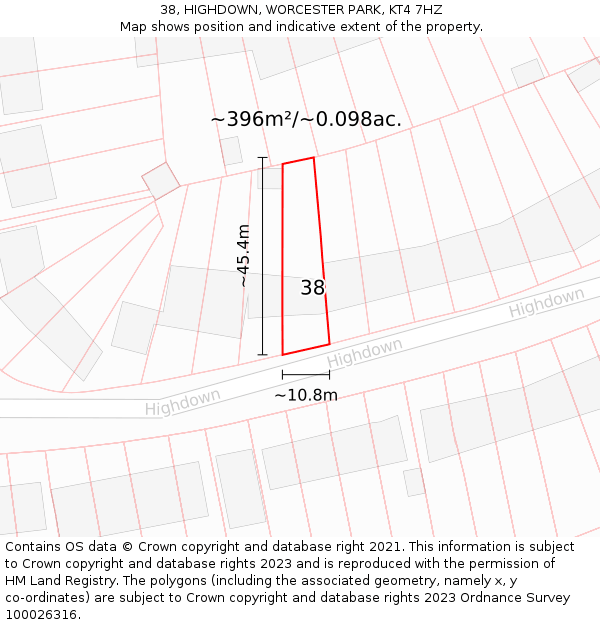 38, HIGHDOWN, WORCESTER PARK, KT4 7HZ: Plot and title map