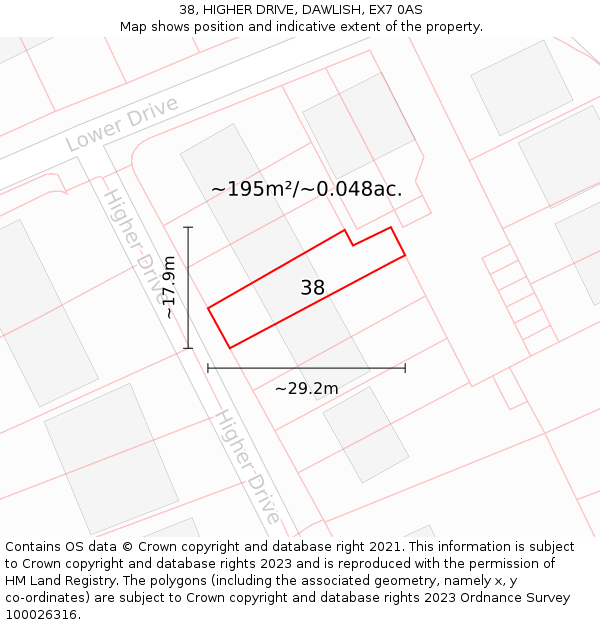 38, HIGHER DRIVE, DAWLISH, EX7 0AS: Plot and title map