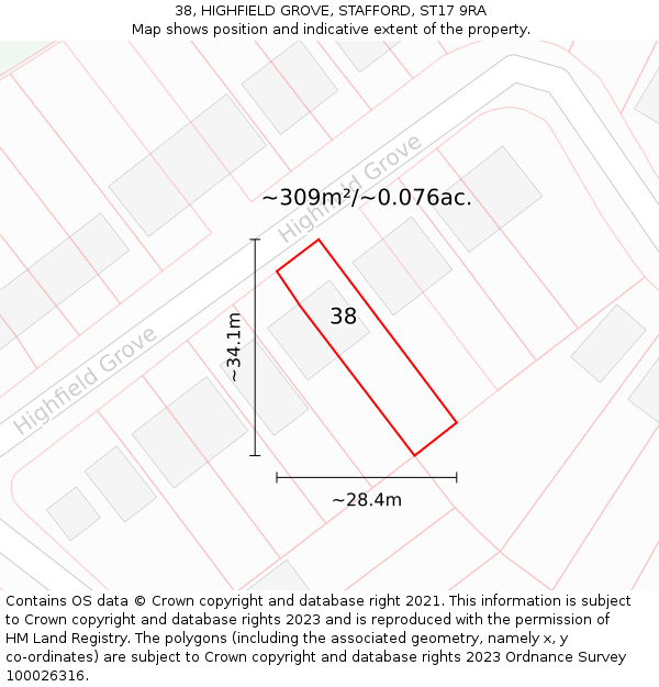 38, HIGHFIELD GROVE, STAFFORD, ST17 9RA: Plot and title map