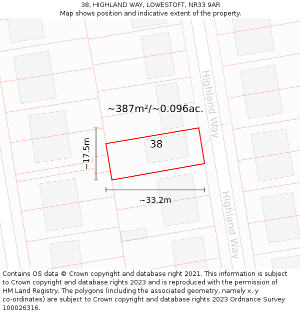 38, HIGHLAND WAY, LOWESTOFT, NR33 9AR: Plot and title map